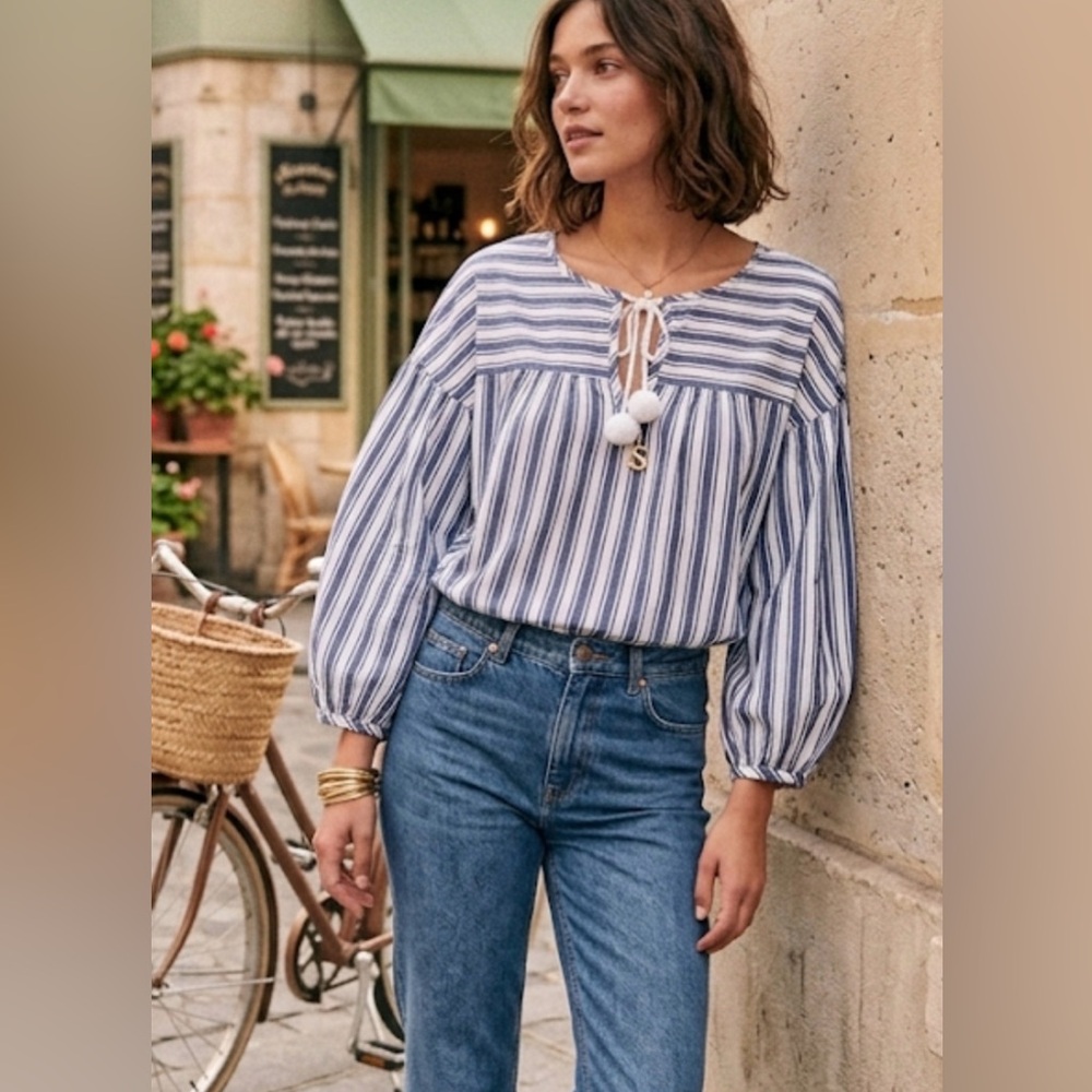 Madewell 100% Cotton Striped Pom-Pom Tassel Blouse - Size L. - Picture 3 of 10